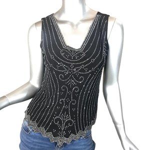Vintage S. Levine Small Blouse Sleeveless Black Sequin Rhinestone Top Stretch Sq